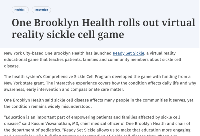 OBH’s Ready Set Sickle Featured in Becker’s Hospital Review