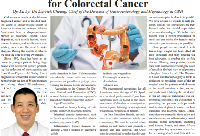 OBH Featured In Our Time Press for Colorectal Cancer Awareness Month&nbsp;