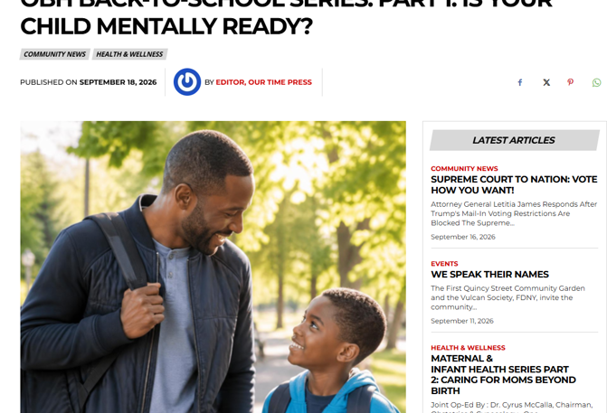 Our Time Press Highlights OBH’s Back-to-School Mental Health Guidance