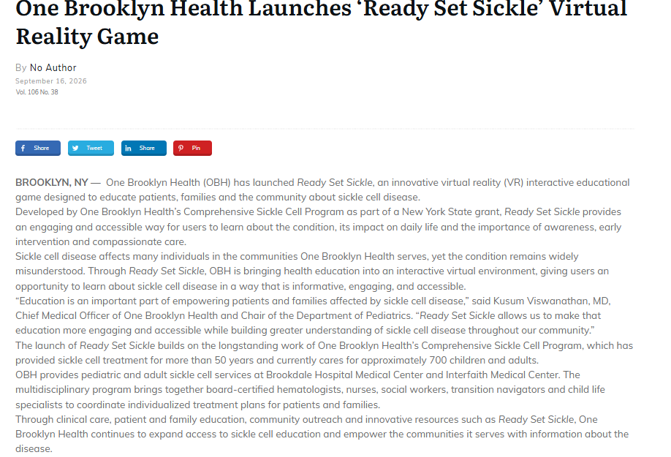 Canarsie Courier Features OBH’s Ready, Set, Sickle Virtual Reality Game